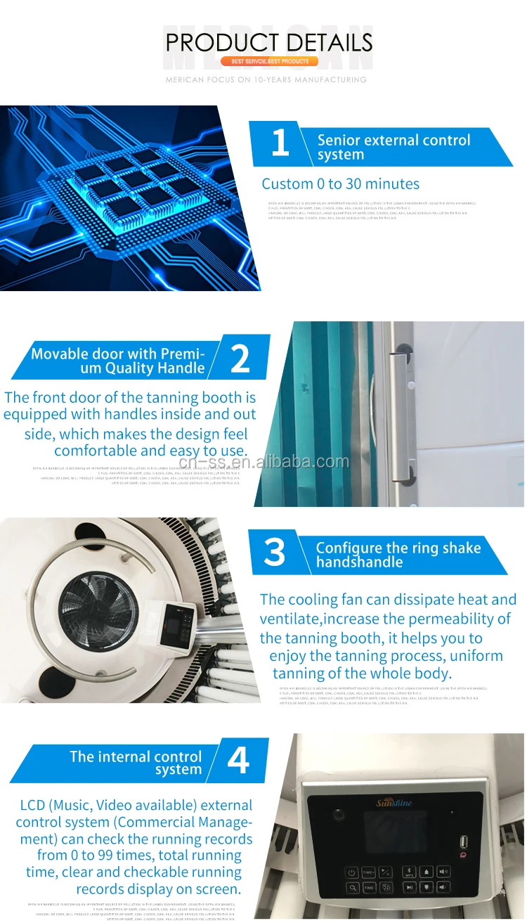 Tanning cabin, light colors include red, white, blue, orange, black